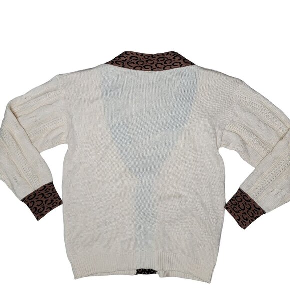 Vintage-Style cable Knit Cardigan With Leopard Print Trim Pearl Buttons S brown - Picture 3 of 5